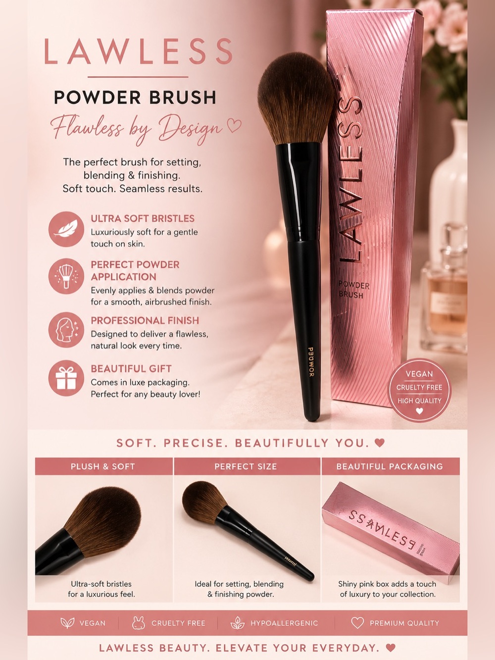 LAWLESS Pink & Black Powder Brush - Plush Vegan Face Brush